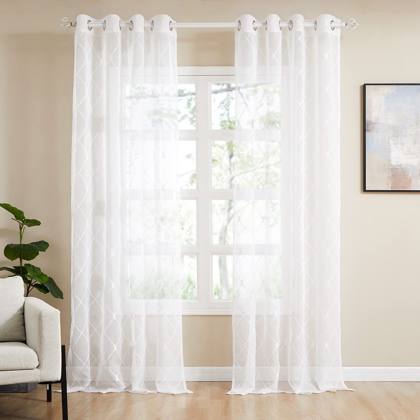 White Sheer Curtains 84 Inches Long for Living Room, 2 Panels Set