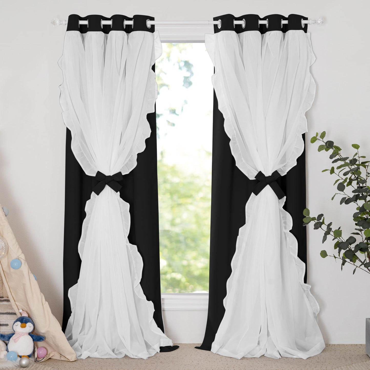 Blackout Window Treatment Double Layer Drapes Ruffle Sheer Overlay 2 Panels