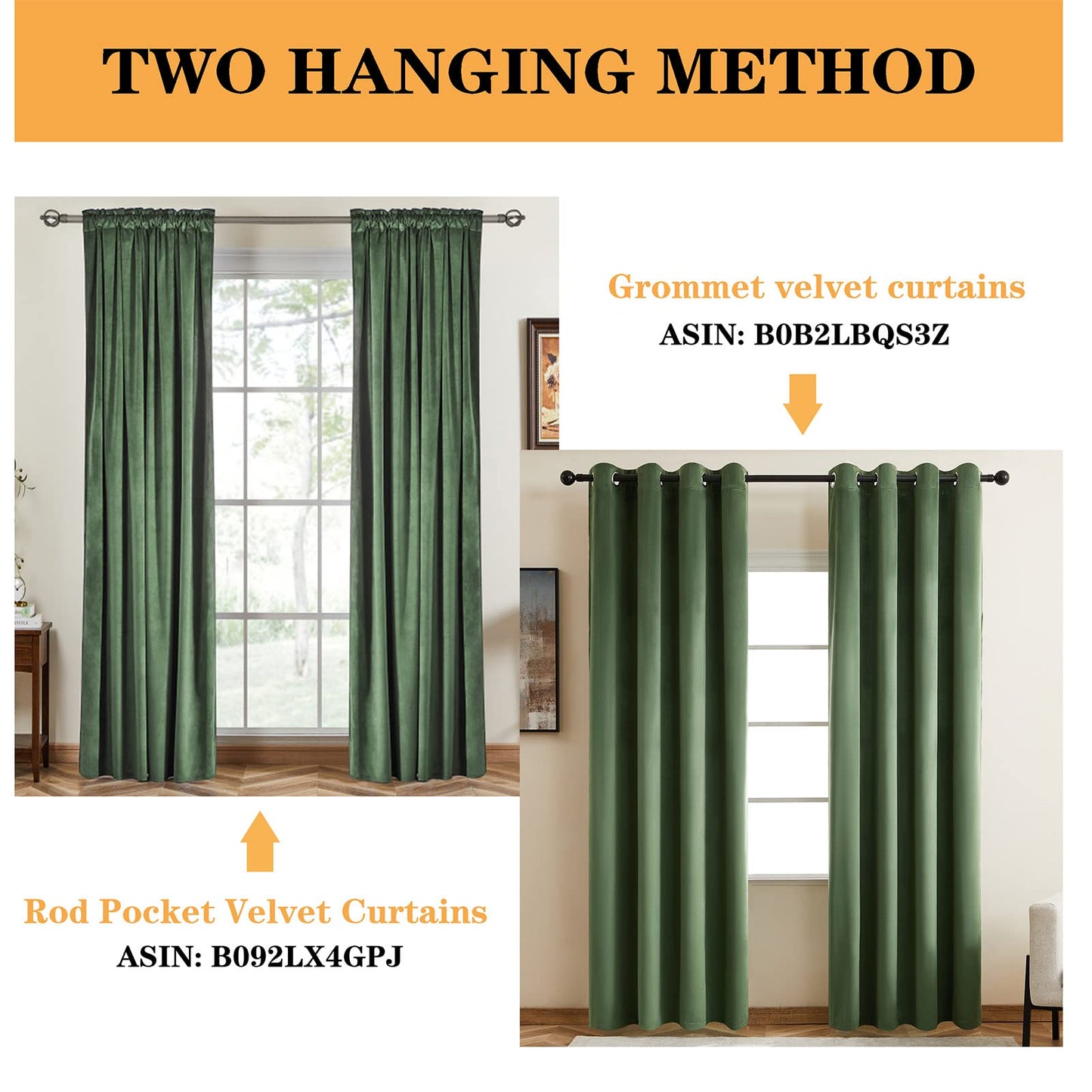 Green Velvet Blackout 90 Inch Curtains, Sage Green, 2 Panels