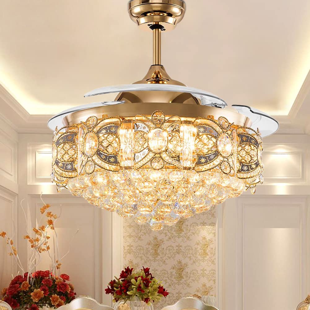 42" Crystal Chandelier Ceiling Fan and Remote, Gold Luxury Fan