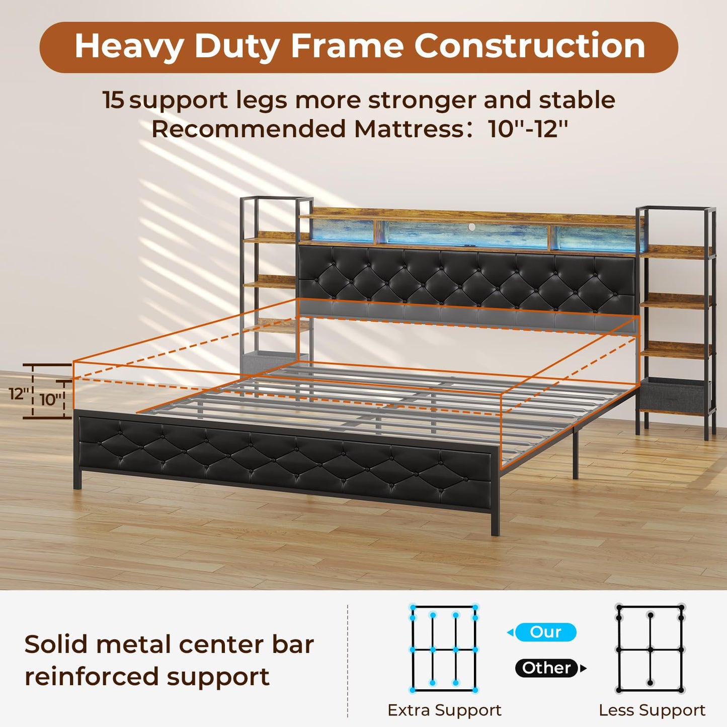 Queen Bed Frame with Storage Headboard and LED Lights