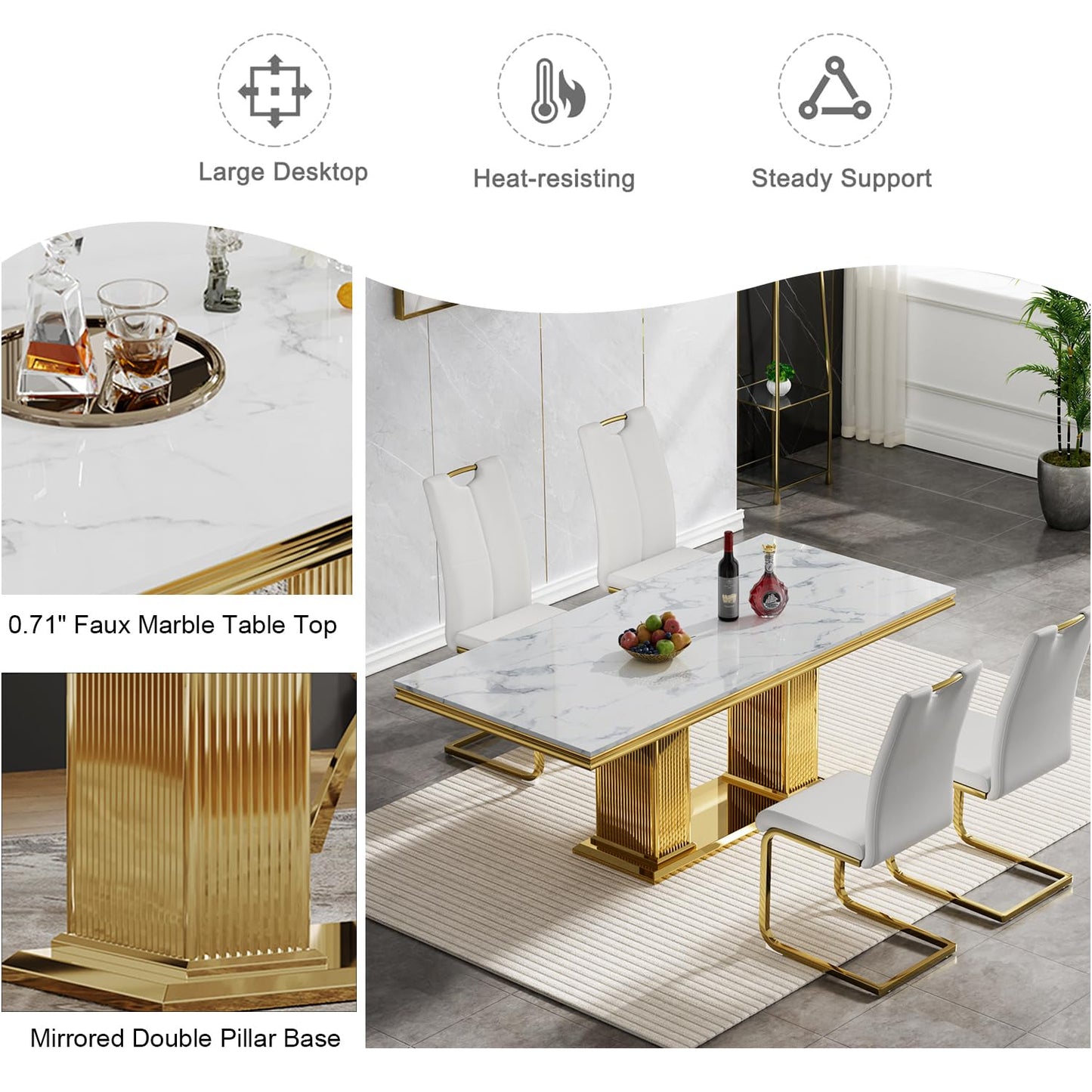 70 Inch White Marble Kitchen Table with Gold Mirrored Cabriole Legs