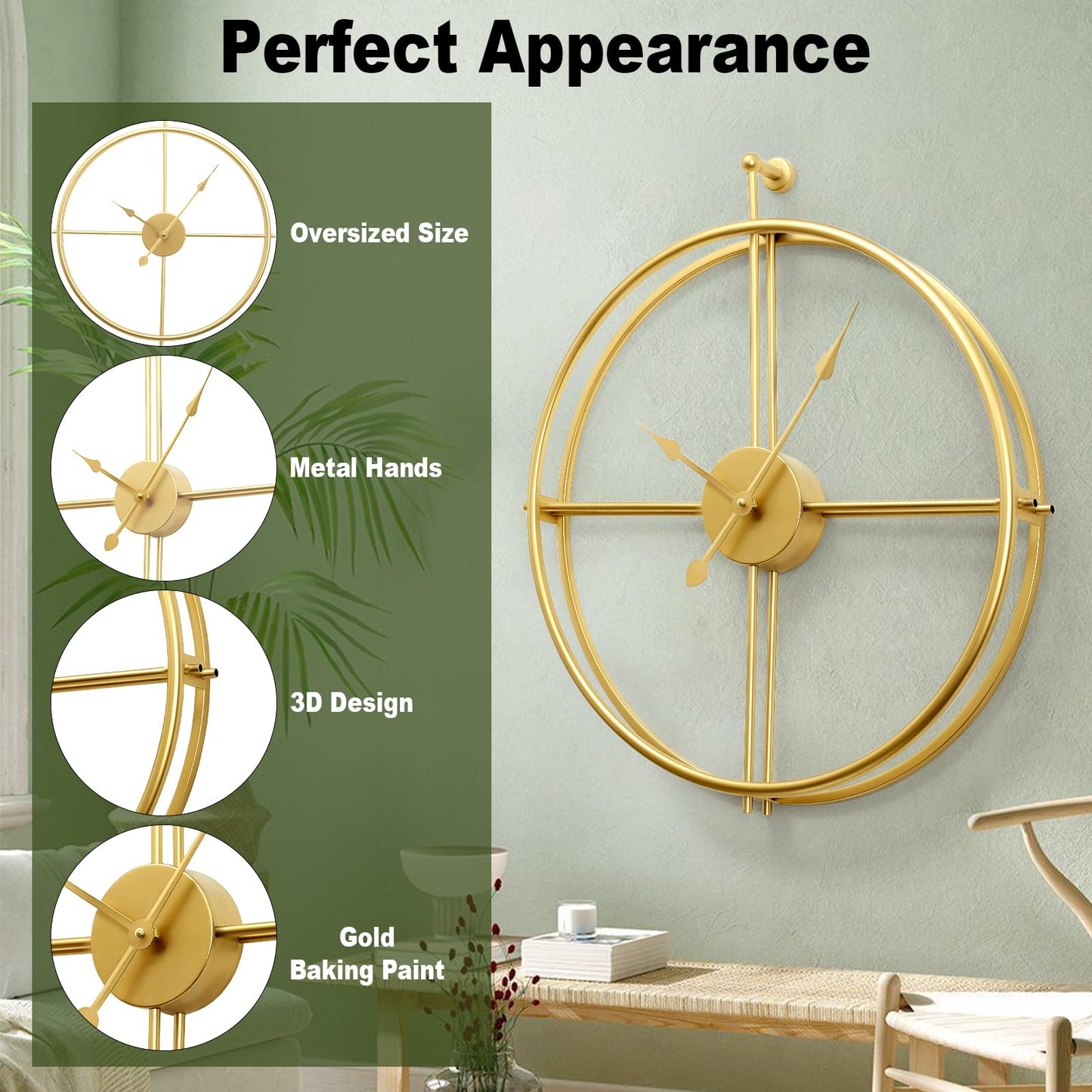 Large Wall Clock Gold Wall Clock Modern Metal Clock