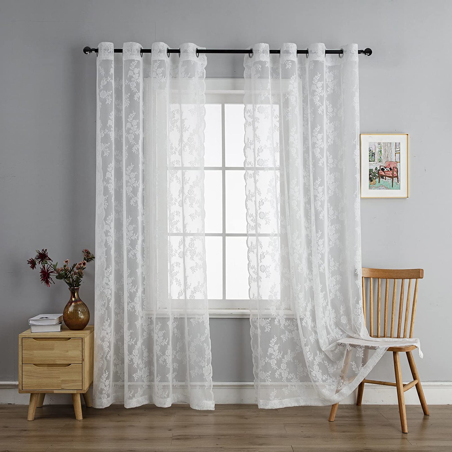 White Lace Sheer Curtain Panels for Living Room Set