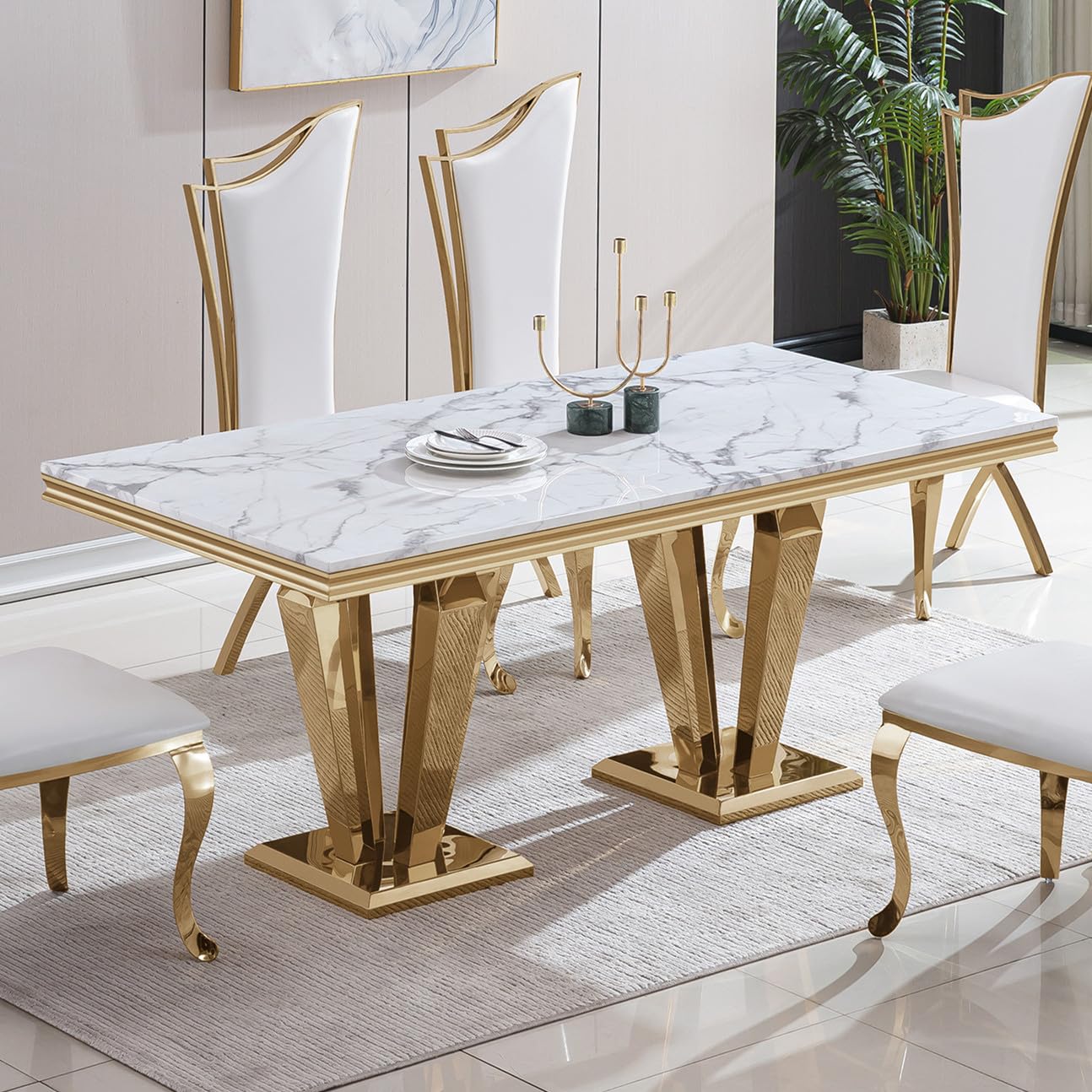 70 Inch White Marble Kitchen Table with Gold Mirrored Cabriole Legs