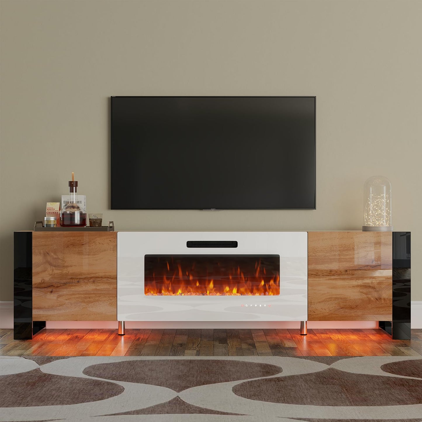 70" Fireplace TV Stand with 36" Electric Fireplace, High Gloss with LED Lights