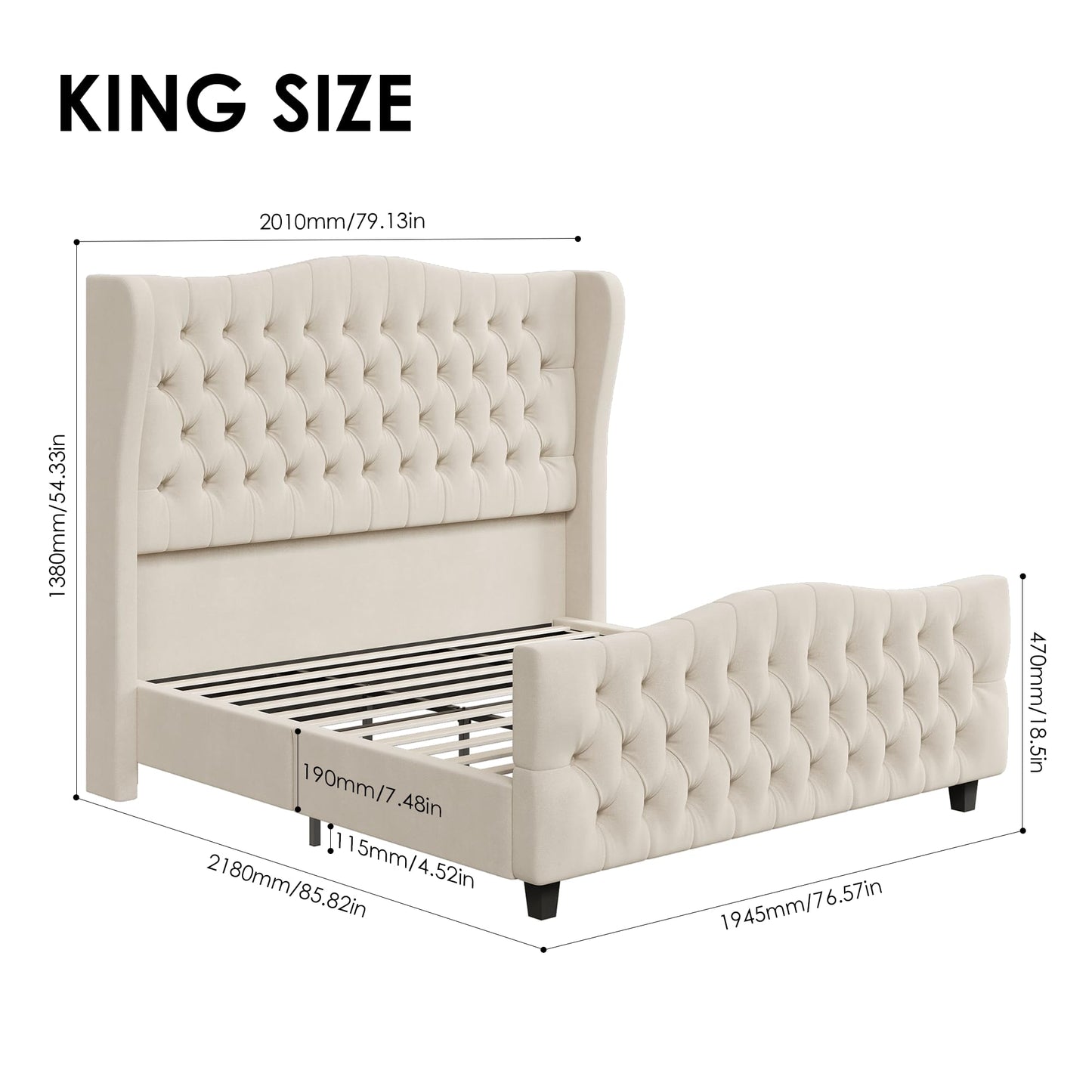 Tall Platform Bed Frame with Deep Button Tufted Wingback Headboard and Footboard