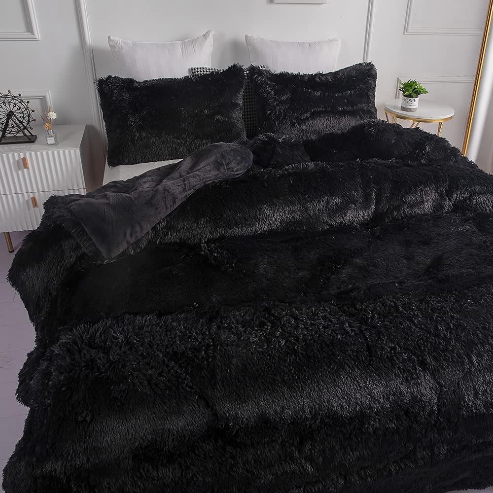 Faux Fur Tie-dyed Green Gray Black Colorful Comforter Sets Queen - 3PC Bed Set