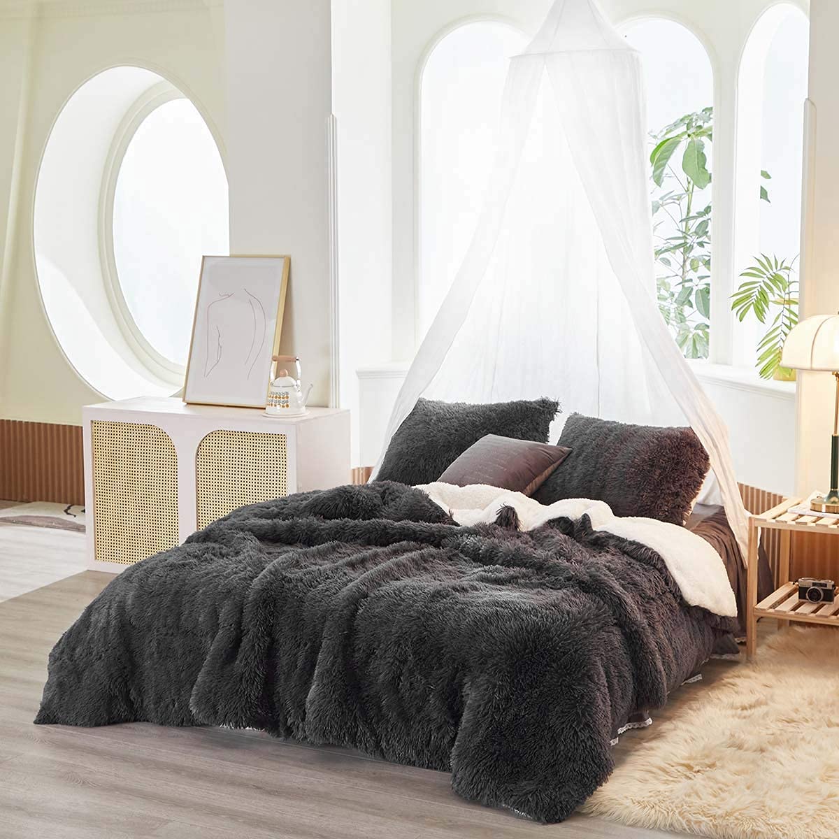 Gray Faux Fur Comforter Set Full/Queen 3 Pieces Bedding Set