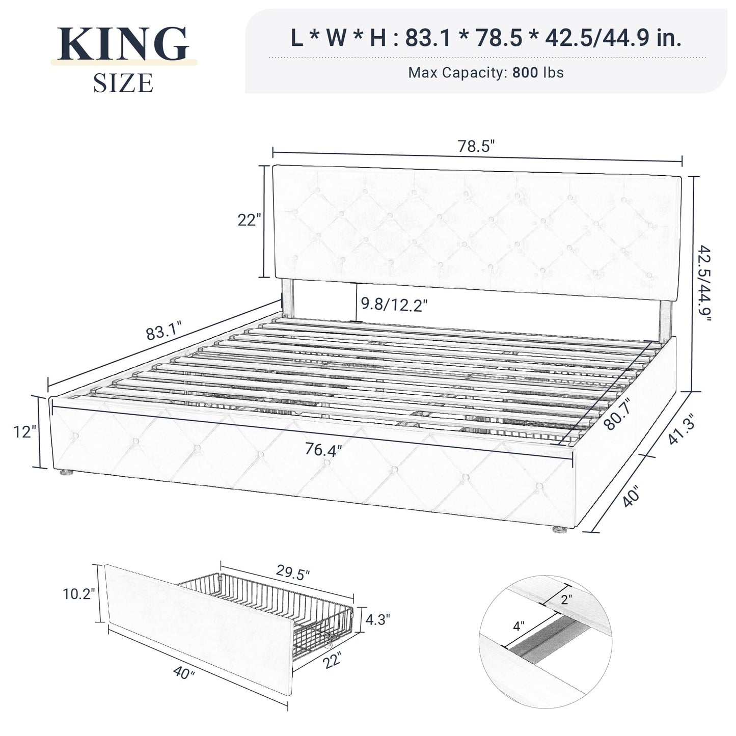 Upholstered Platform Bed Frame with 4 Storage Drawers and Headboard