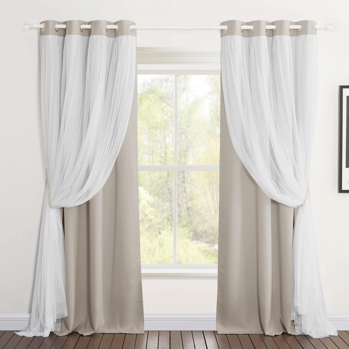 Double-Layered Curtains with Tie-Backs Sheer Drapes Light Blocking, 2 Pcs