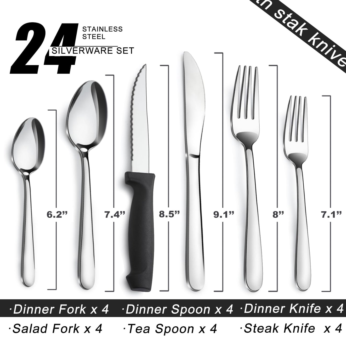 72-Pieces Silverware Sets for 12, Flatware Set with Steak Knives