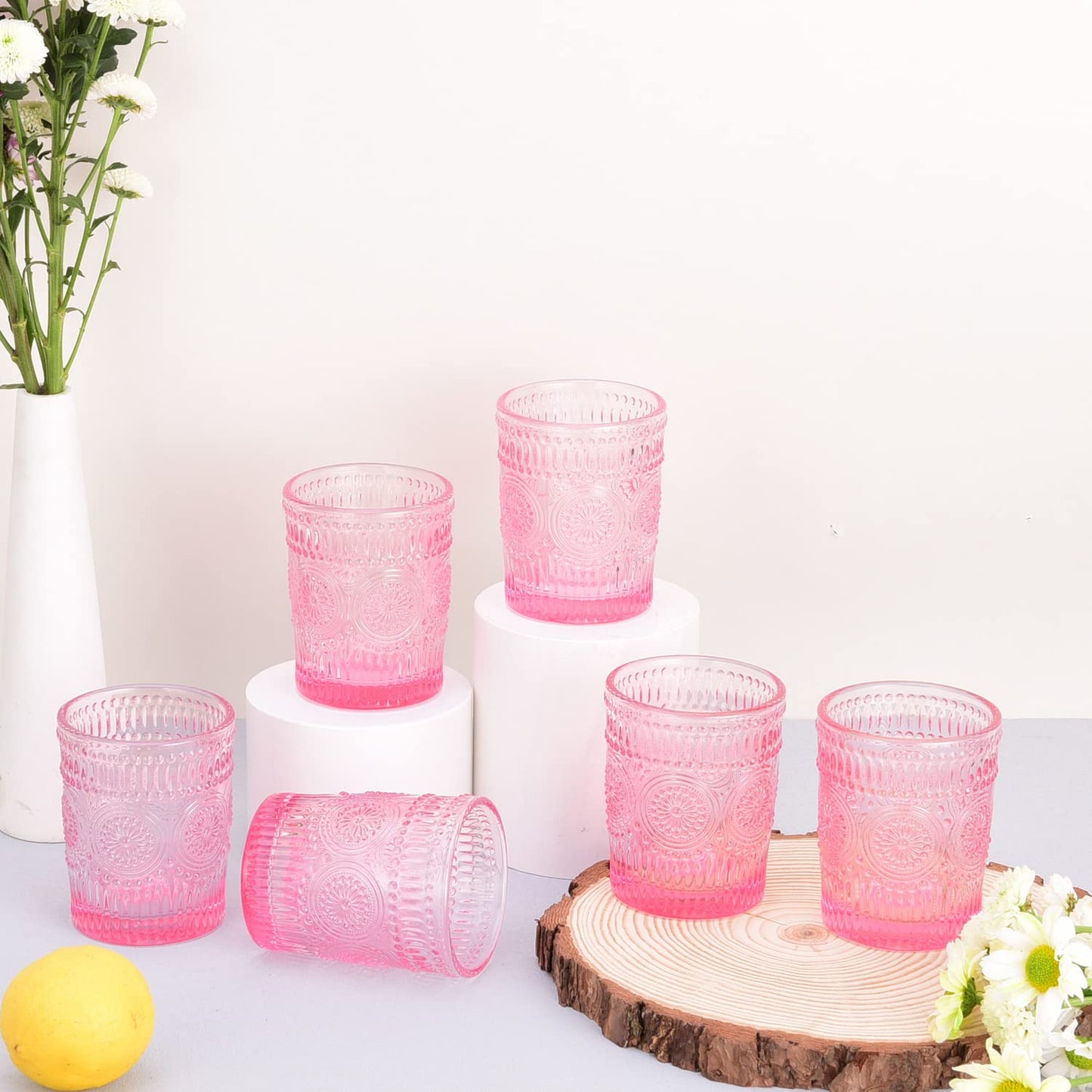 4 Pack Glasses-10.5 OZ Pink Vintage Drinking Glasses Tumblers