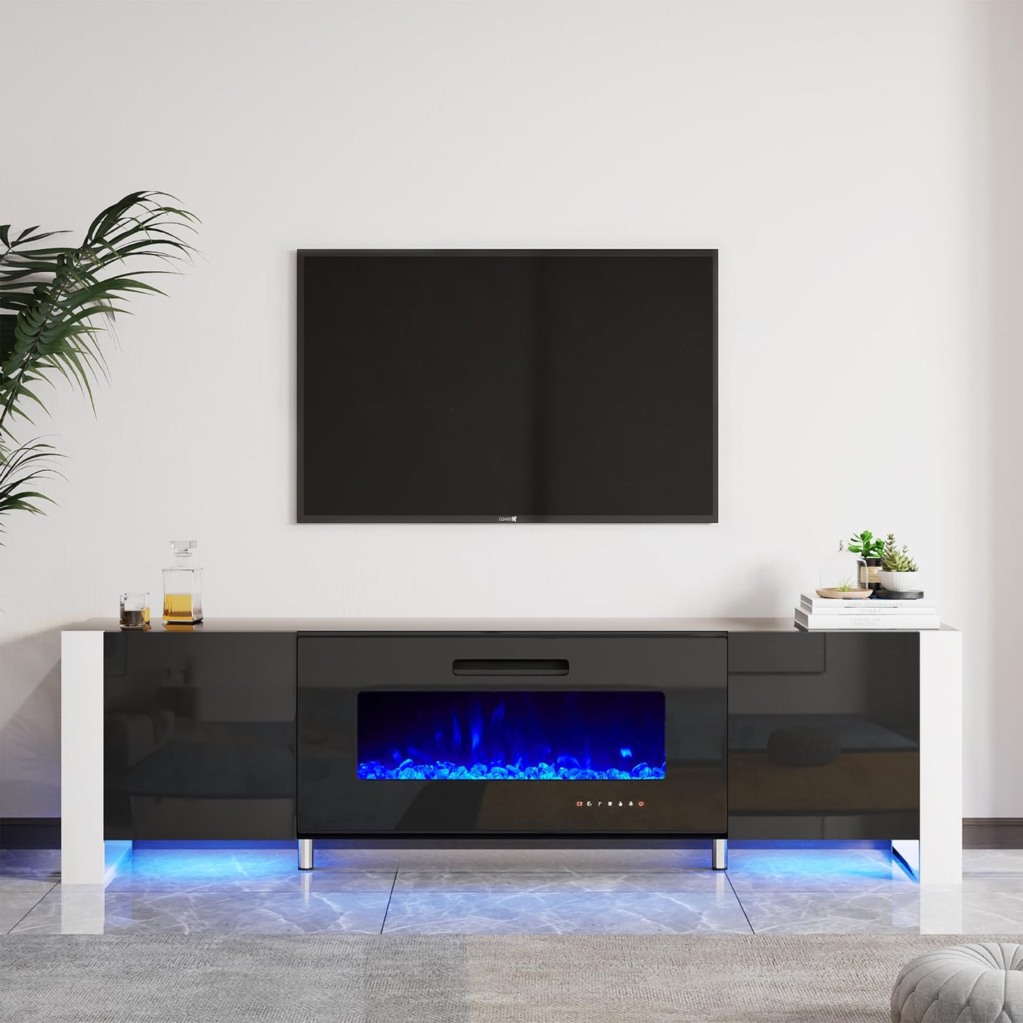 Fireplace TV Stand with 36" Fireplace, 70" Modern High Gloss Entertainment Center