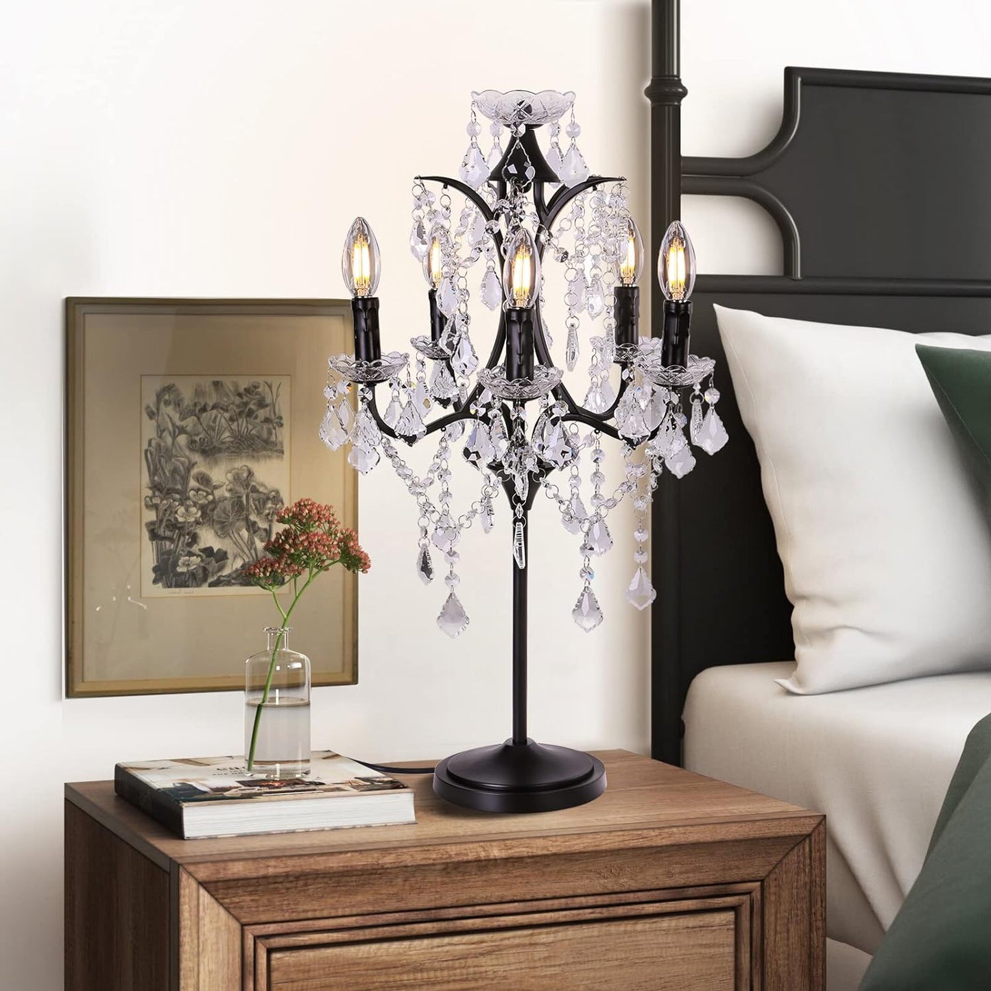 5-Light Crystal Table Lamp, Black Craft Candelabra Lighting