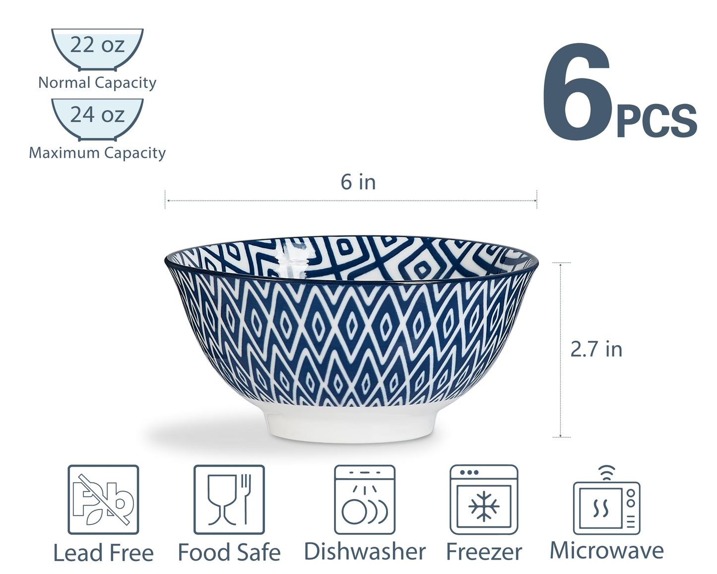 10 oz Ceramic Small Bowl Set of 6 - Microwave Safe Side Dish Bowls - Blue and White