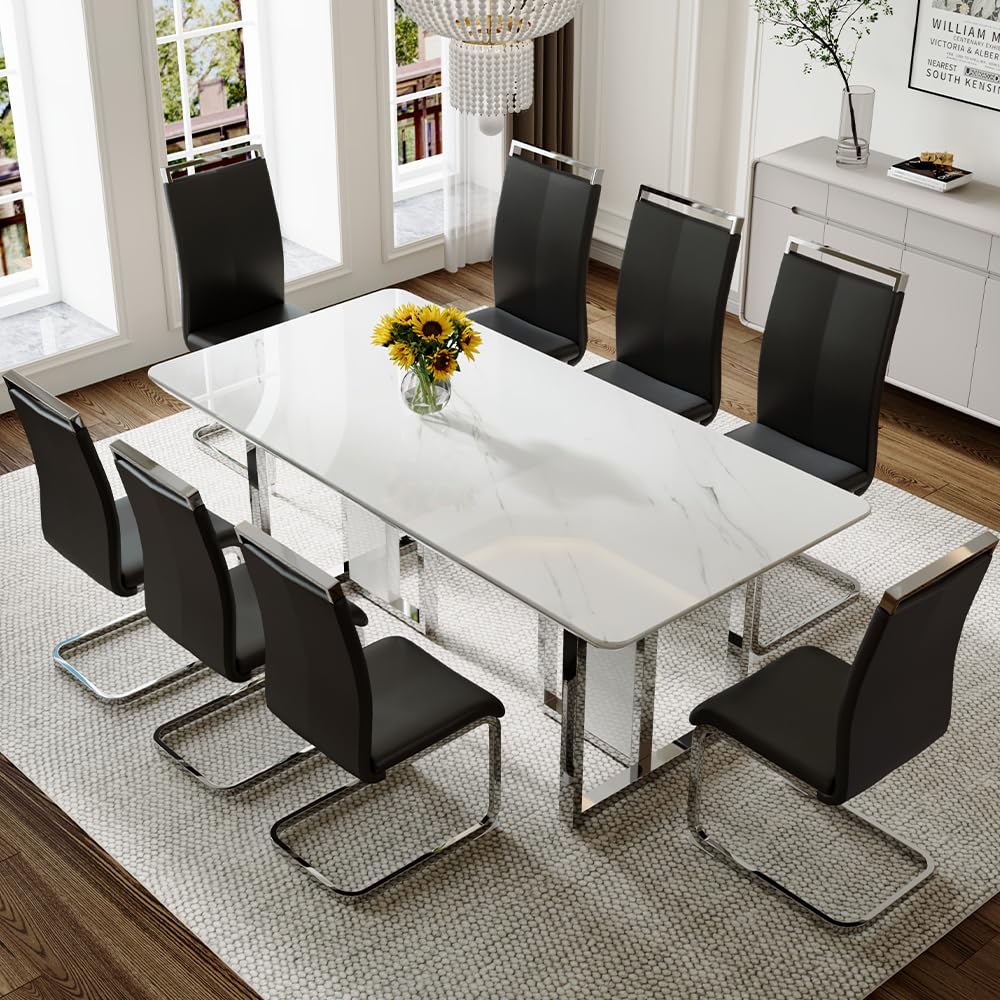 79" Black Modern Dining Table Set for 8,Black Golden Chairs