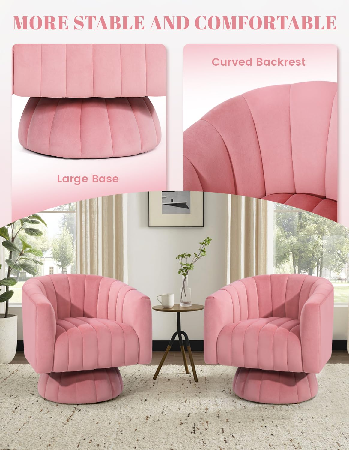 Swivel Barrel Chair with Armrest, Overstuffed Tufted Velvet, Pink