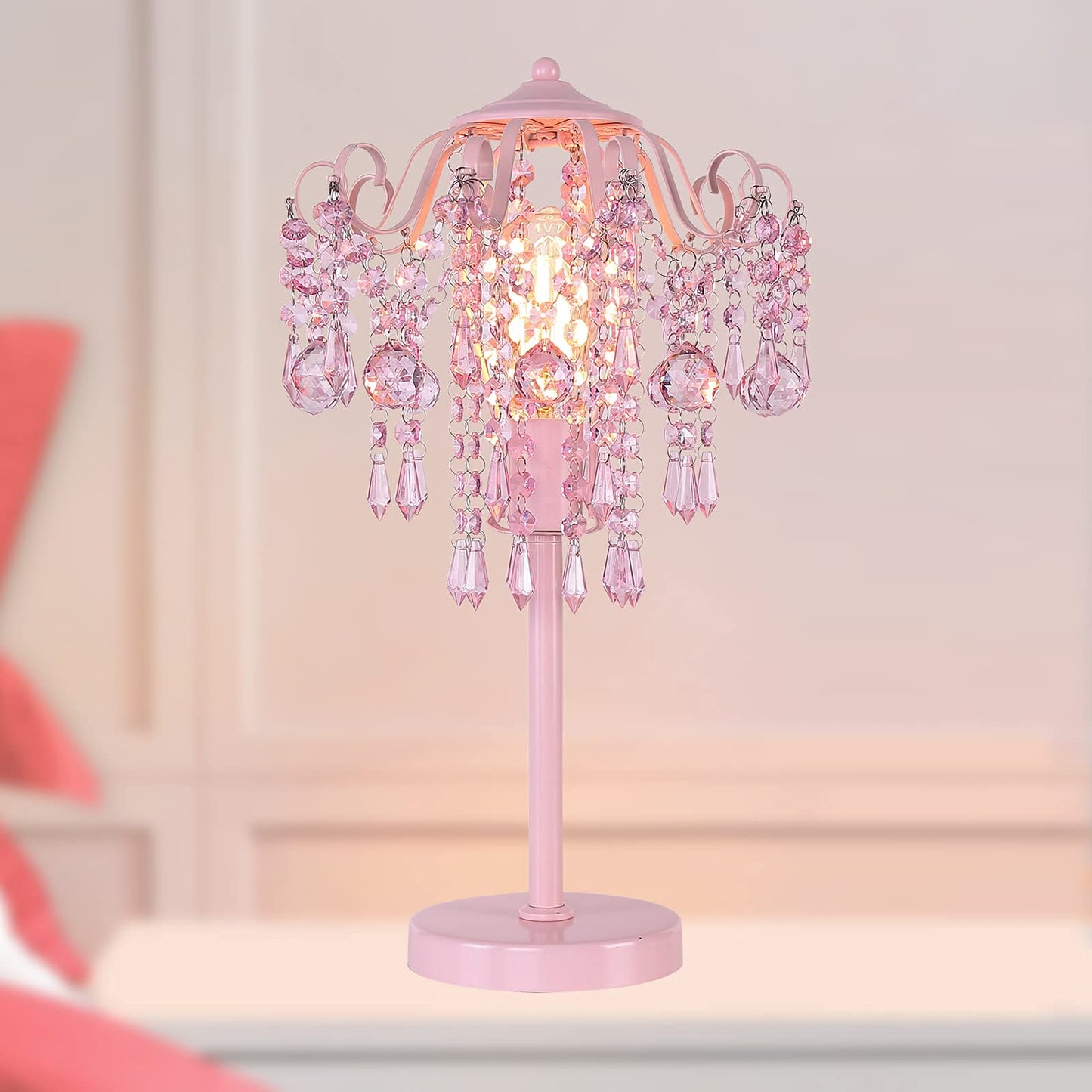 Pink Crystal Bedside Table Lamp H20.4'' W11.81'' 1-Light E26