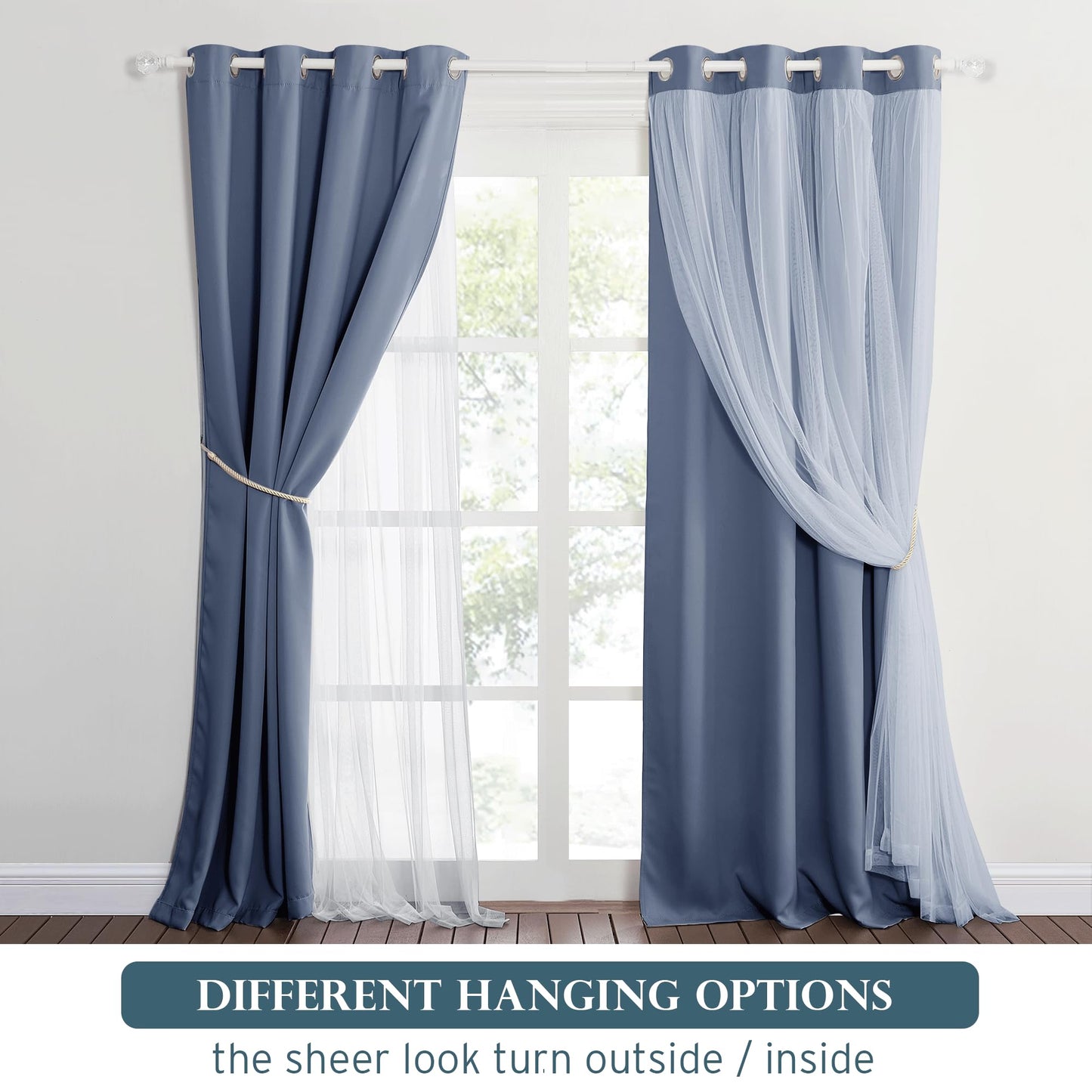 Double-Layered Curtains with Tie-Backs Sheer Drapes Light Blocking, 2 Pcs