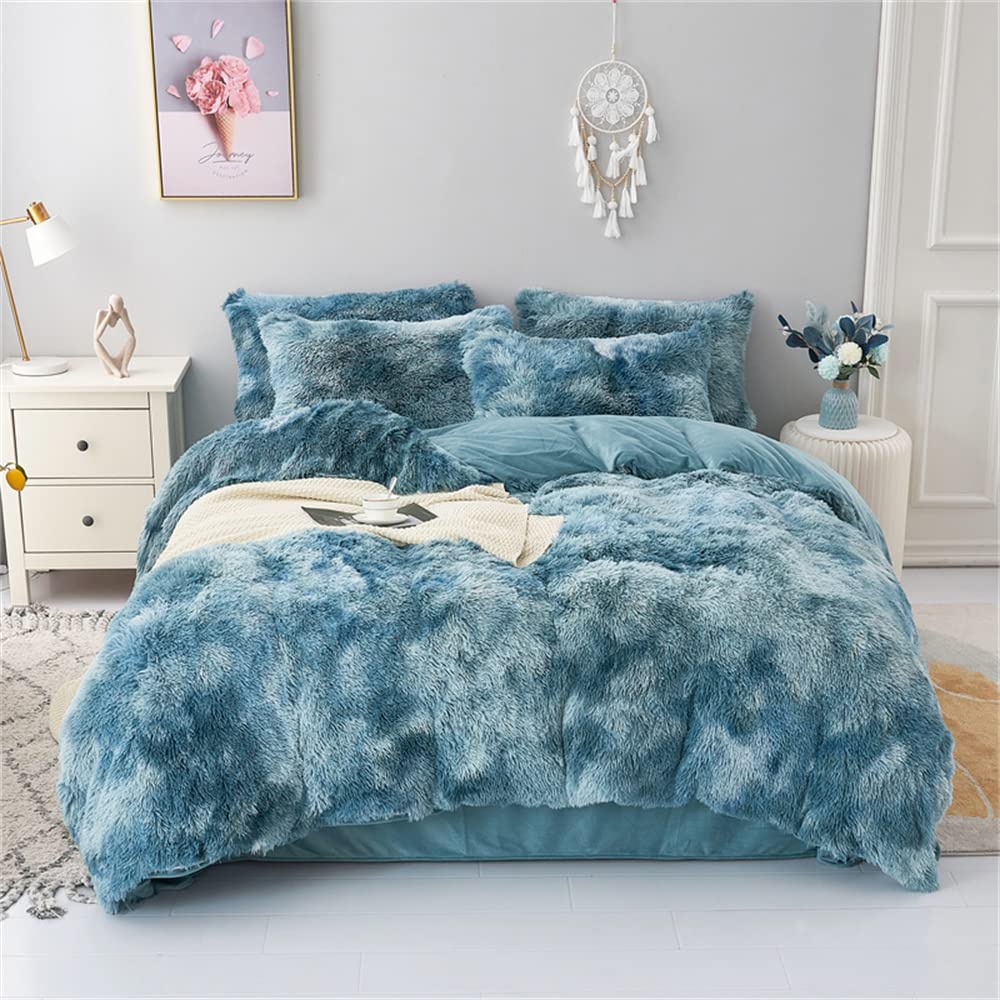 Faux Fur Tie-dyed Green Gray Black Colorful Comforter Sets Queen - 3PC Bed Set