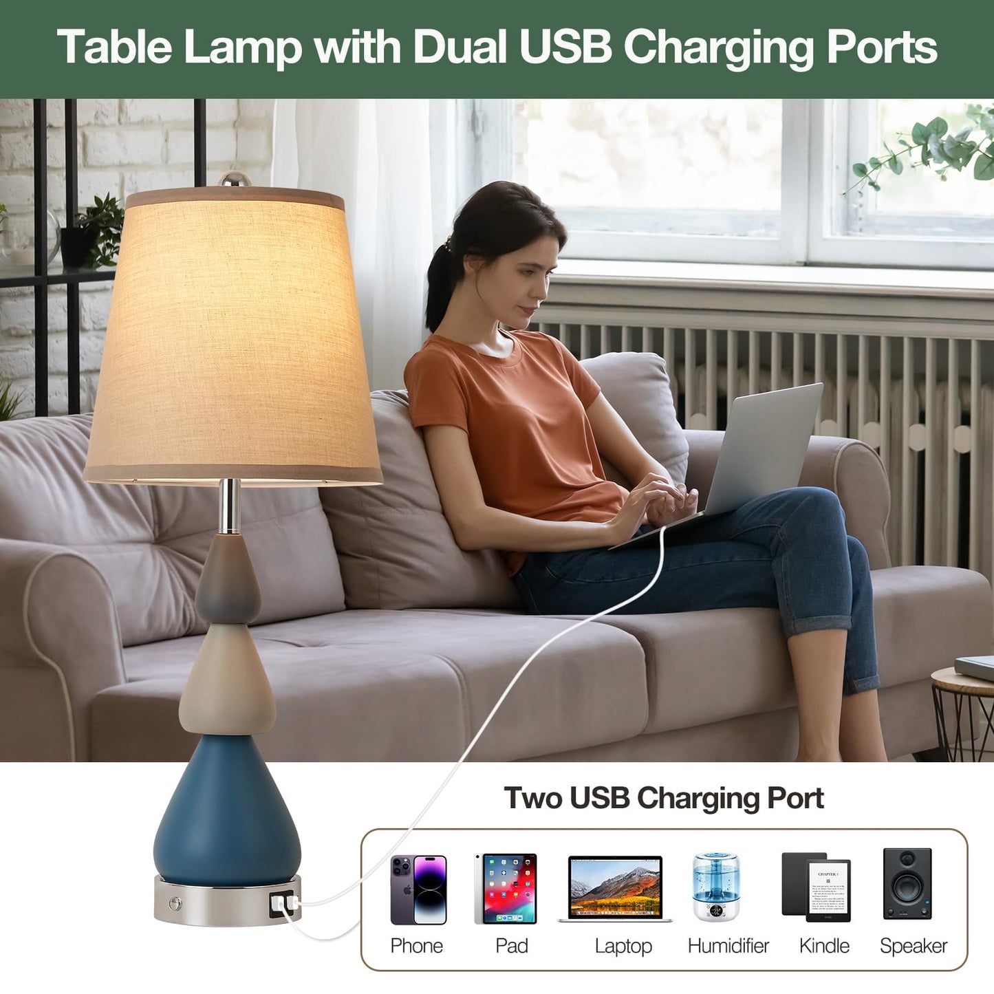 Set of 2 Touch Control Ceramic Table Lamps for Bedroom Livingroom