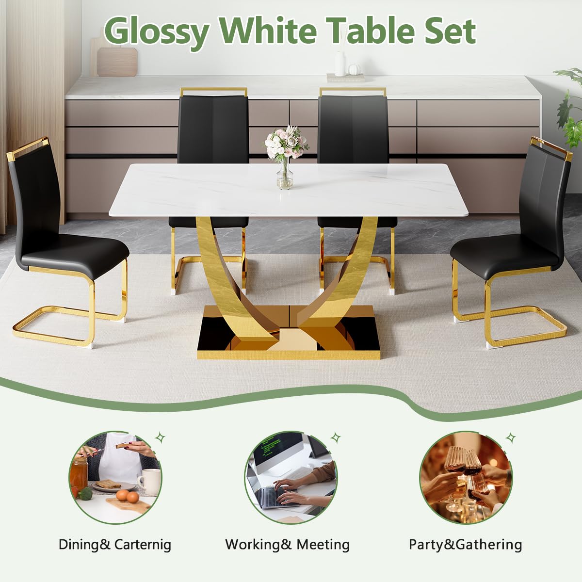 63” Dining Room Table Set for 6,Rectangle kitchen Table Set with Leather Chairs