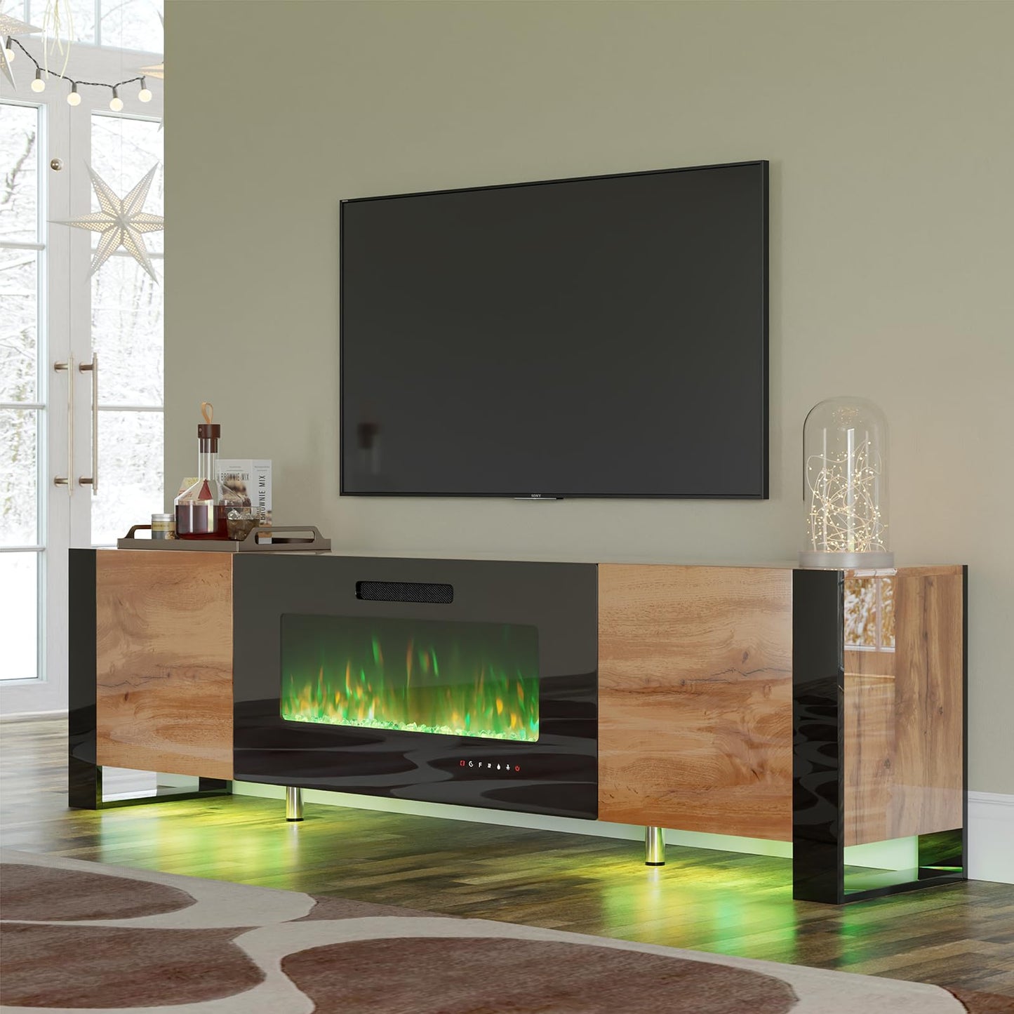 70" Fireplace TV Stand with 36" Electric Fireplace, High Gloss with LED Lights