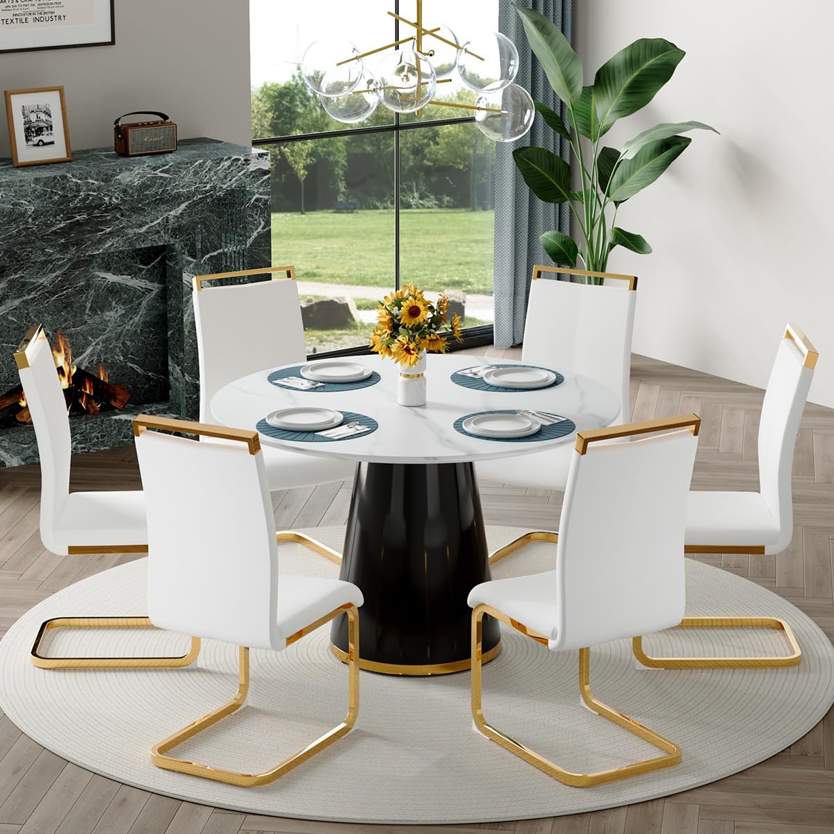 Round Dining Table Set for 6, 45''Round Wooden Dining Set