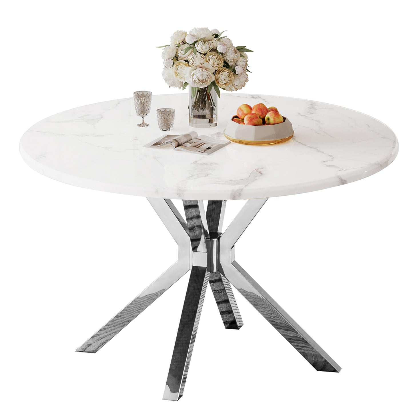 70 Inch White Marble Kitchen Table with Gold Mirrored Cabriole Legs