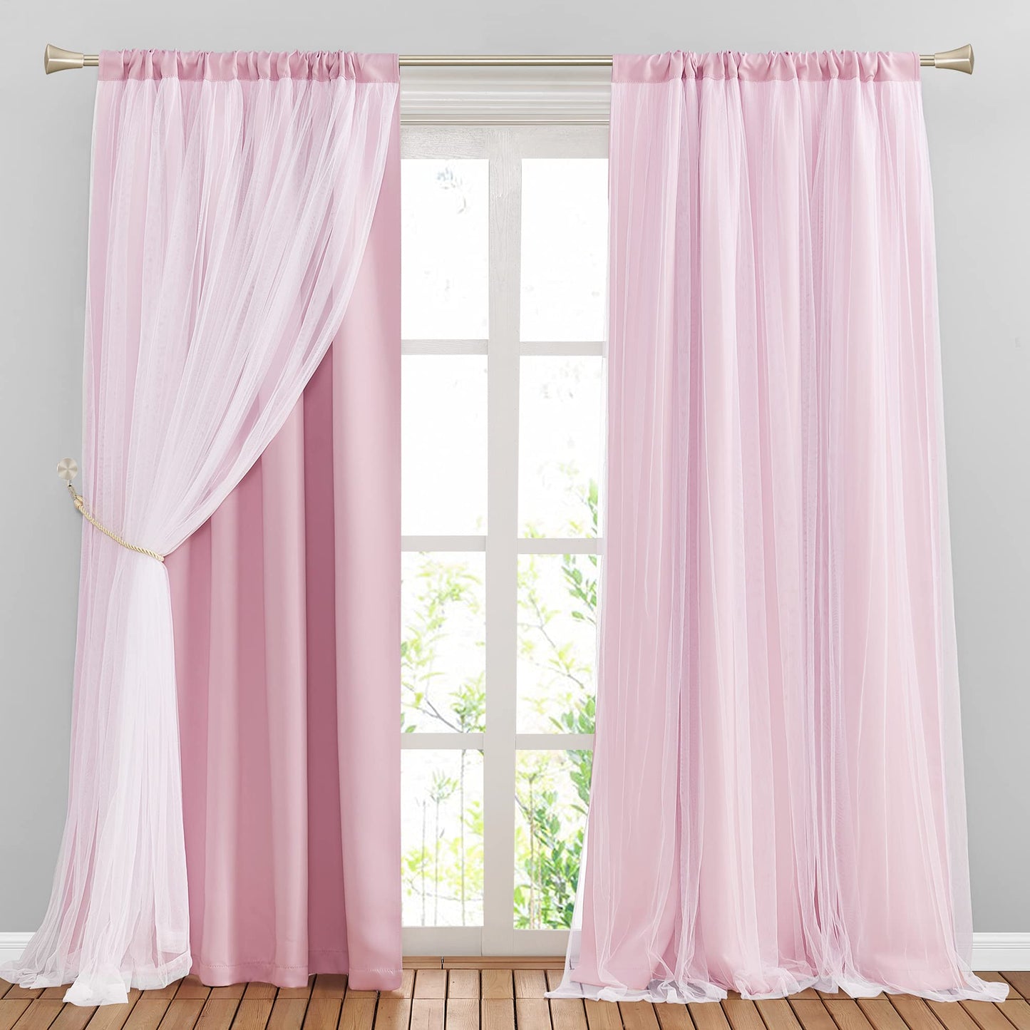 Double-Layered Curtains with Tie-Backs Sheer Drapes Light Blocking, 2 Pcs