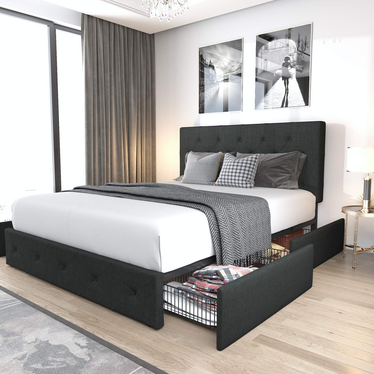 Upholstered Platform Bed Frame with 4 Storage Drawers and Headboard