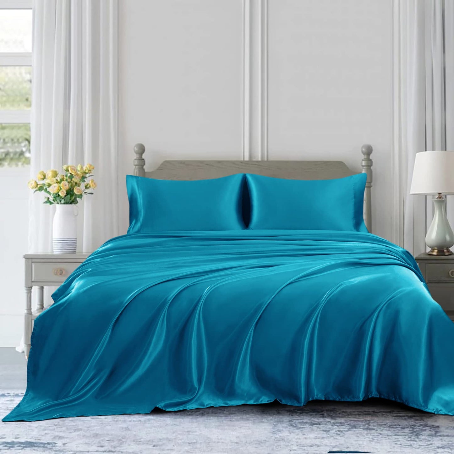 4pcs Satin Sheets Set Luxury Silky Satin Bedding Set with Deep Pocket