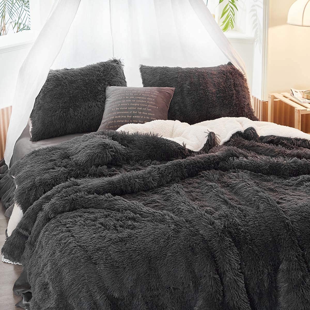 Gray Faux Fur Comforter Set Full/Queen 3 Pieces Bedding Set