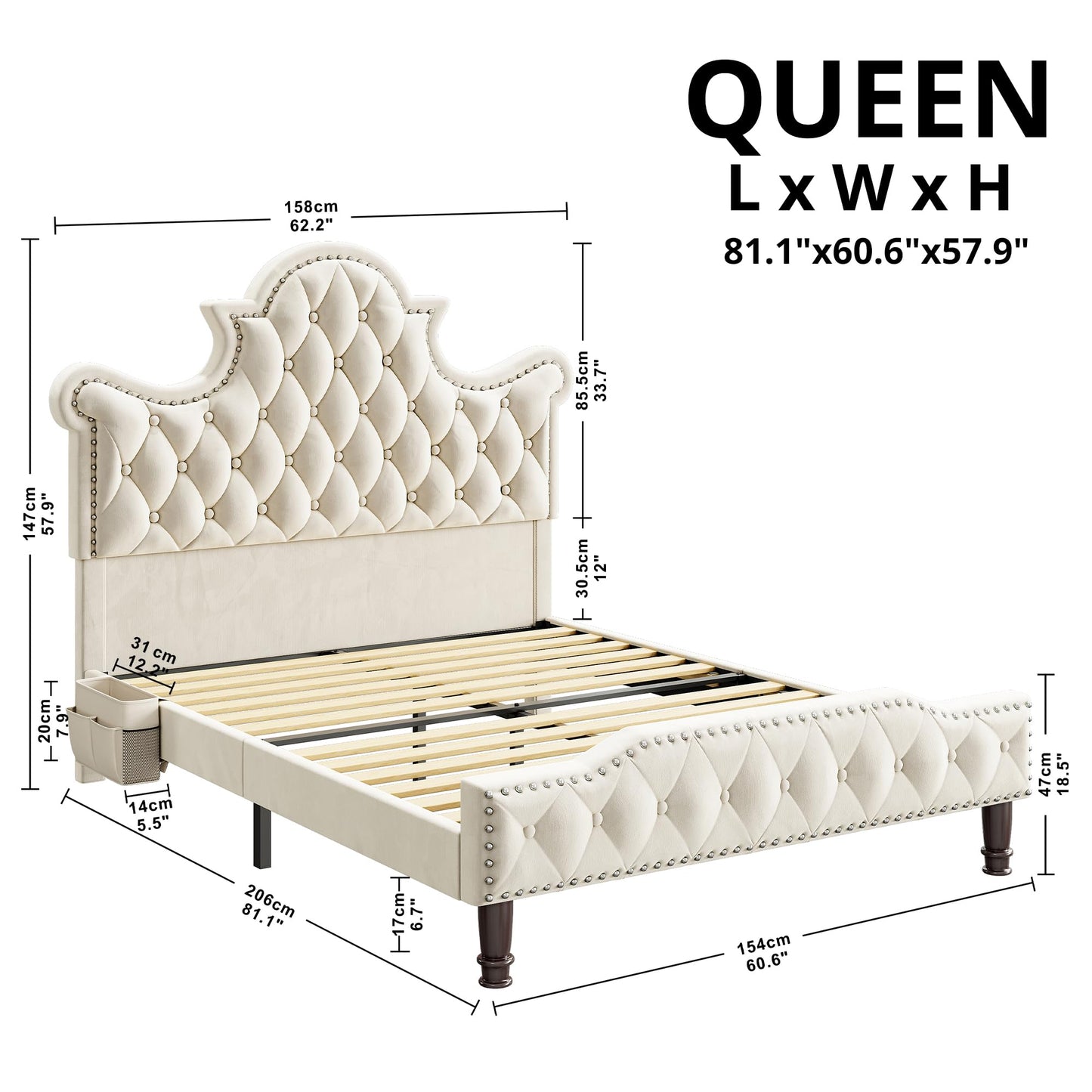 LED Bed Frame, Camas Queen with 58" Tall Tufted Headboard