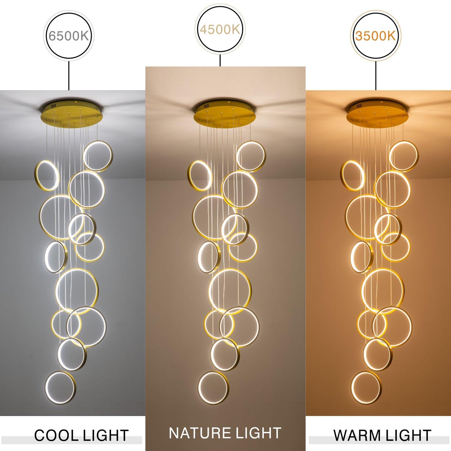 Gold Staircase Hanging 12 Ring Long Led Chandelier Dimmable with Remote Controller