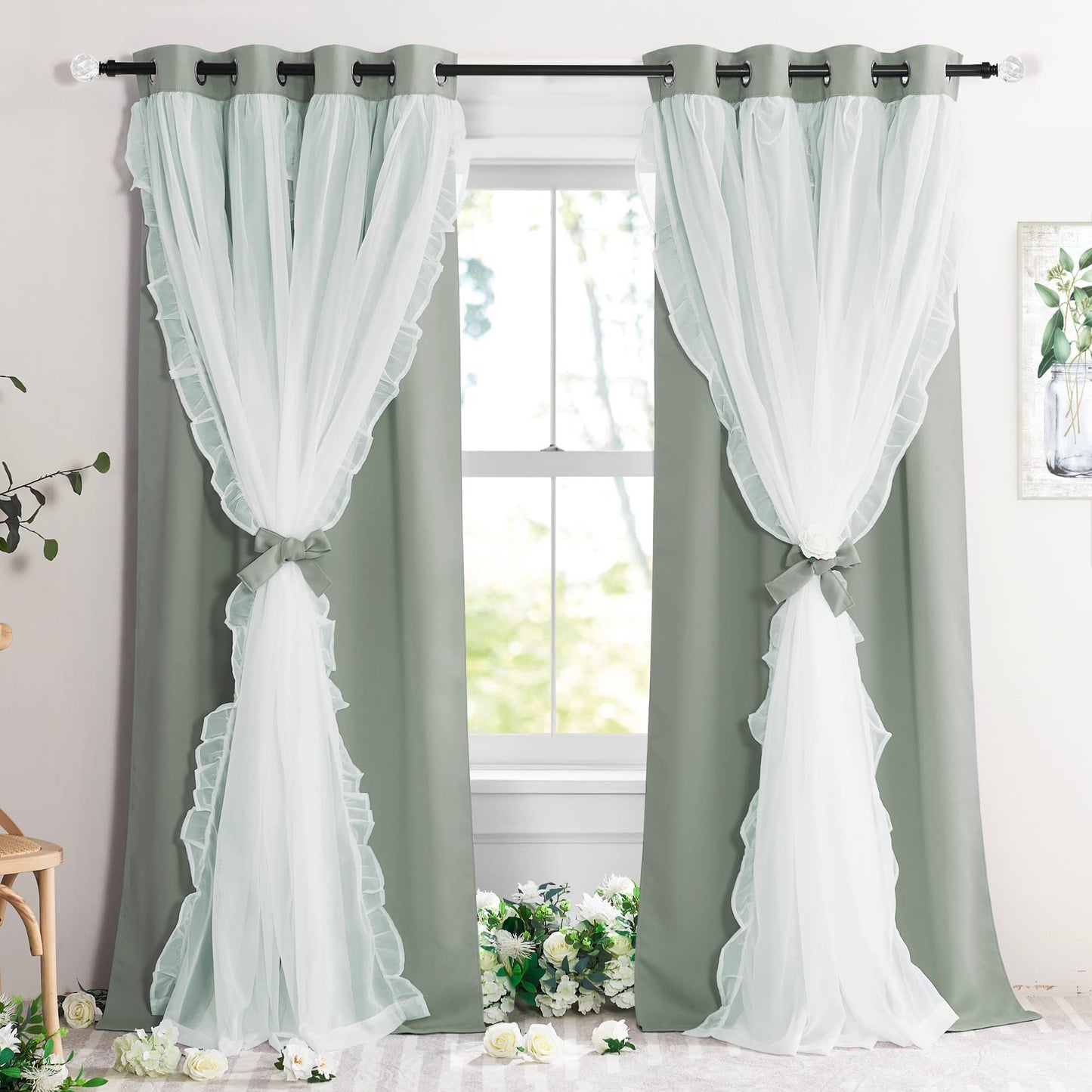 Blackout Window Treatment Double Layer Drapes Ruffle Sheer Overlay 2 Panels