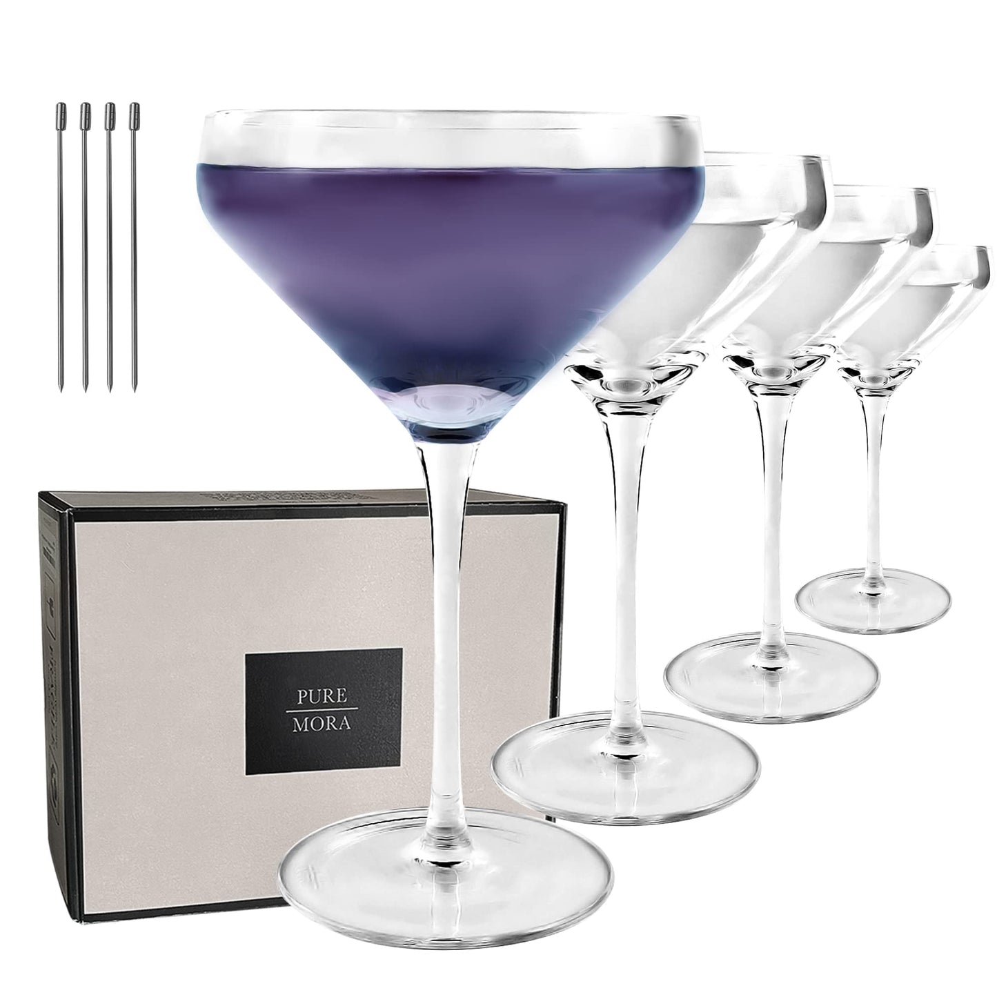 Set of 4, 8oz Handblown Premium Crystal Martini Glasses for Cocktail