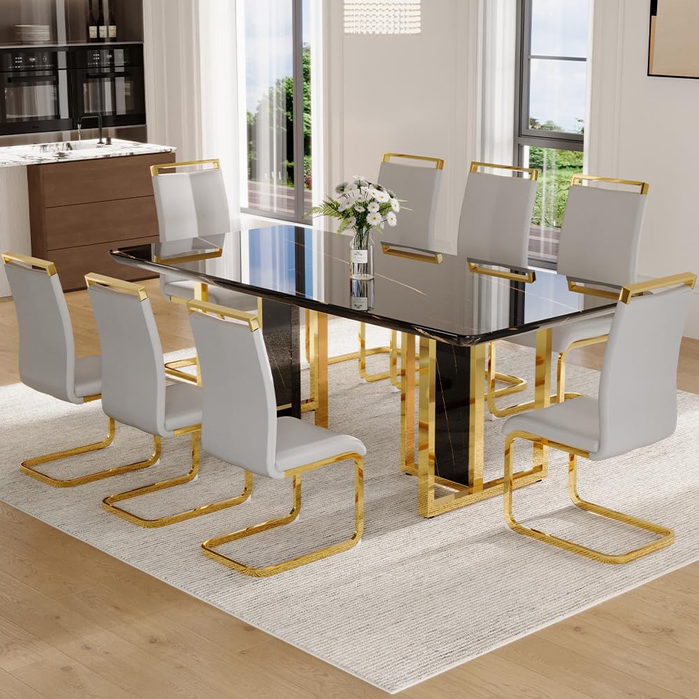 79" Black Modern Dining Table Set for 8,Black Golden Chairs