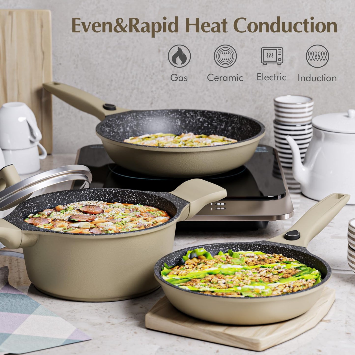 Nonstick Pots and Pans Set, Brown Granite Induction with Stay Handles