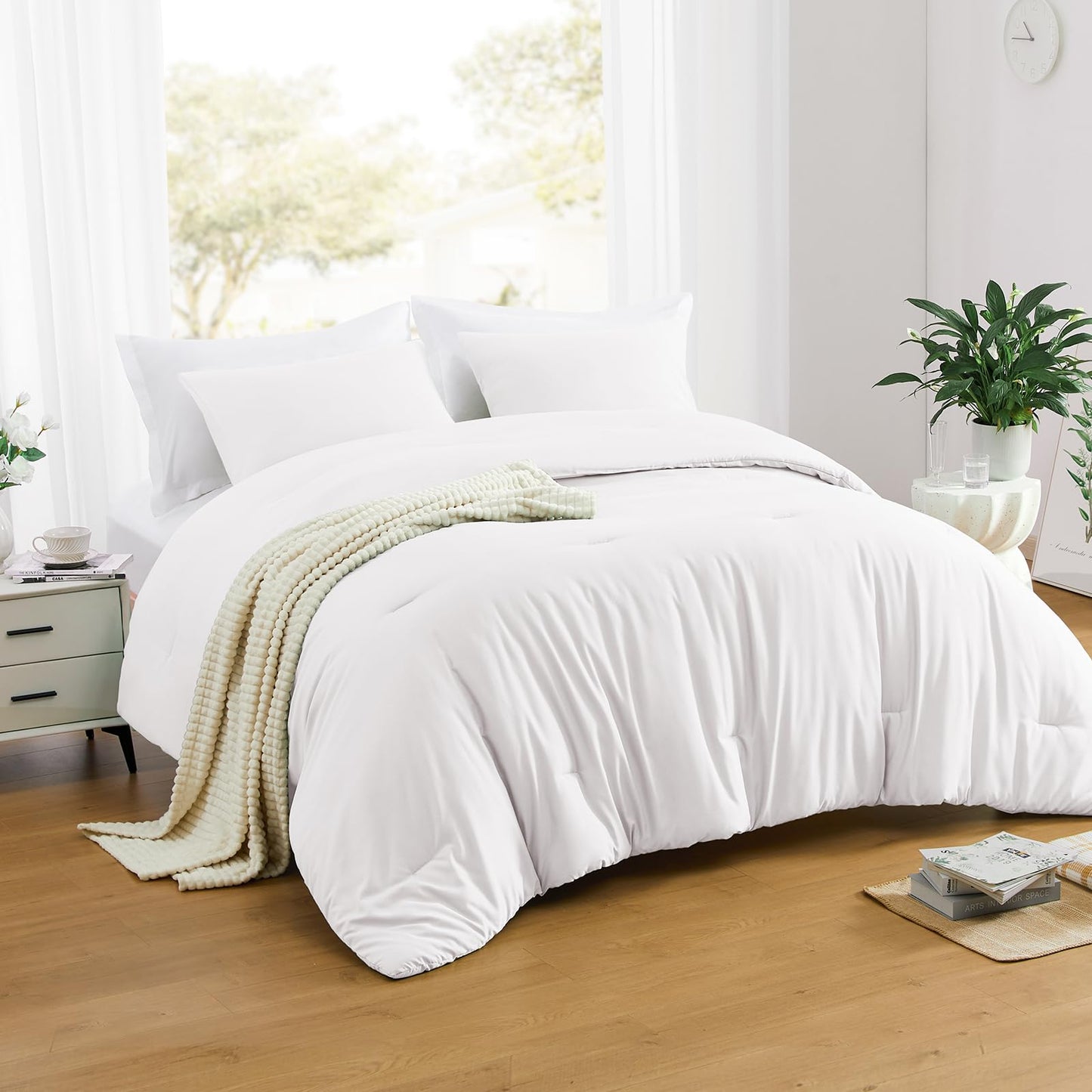 Lightweight Beige Comforter Set Queen Size, Fluffy Comforters