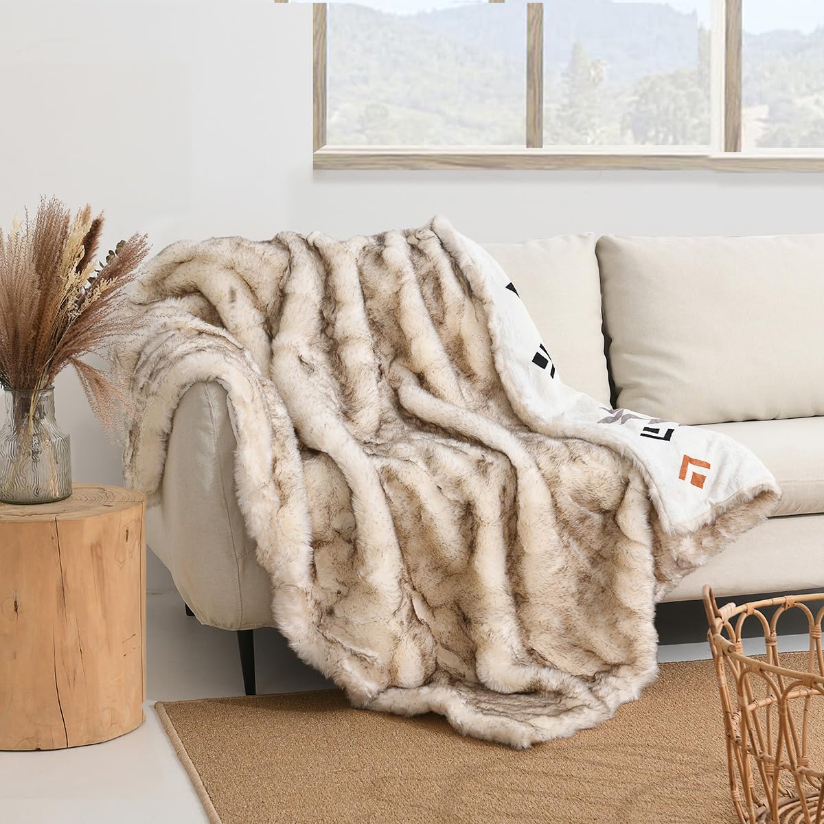 Luxury Plush Faux Fur Blanket King Size, Long Pile Brown with Black