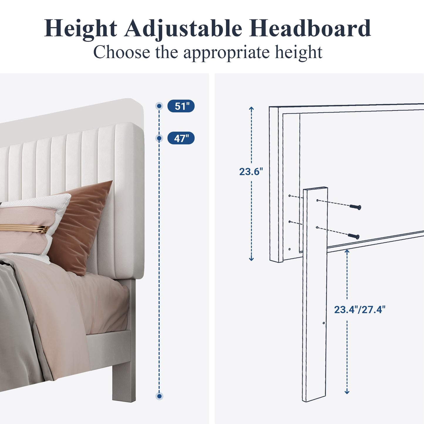 Velvet Upholstered Platform Bed with Adjustable Vertical Channel