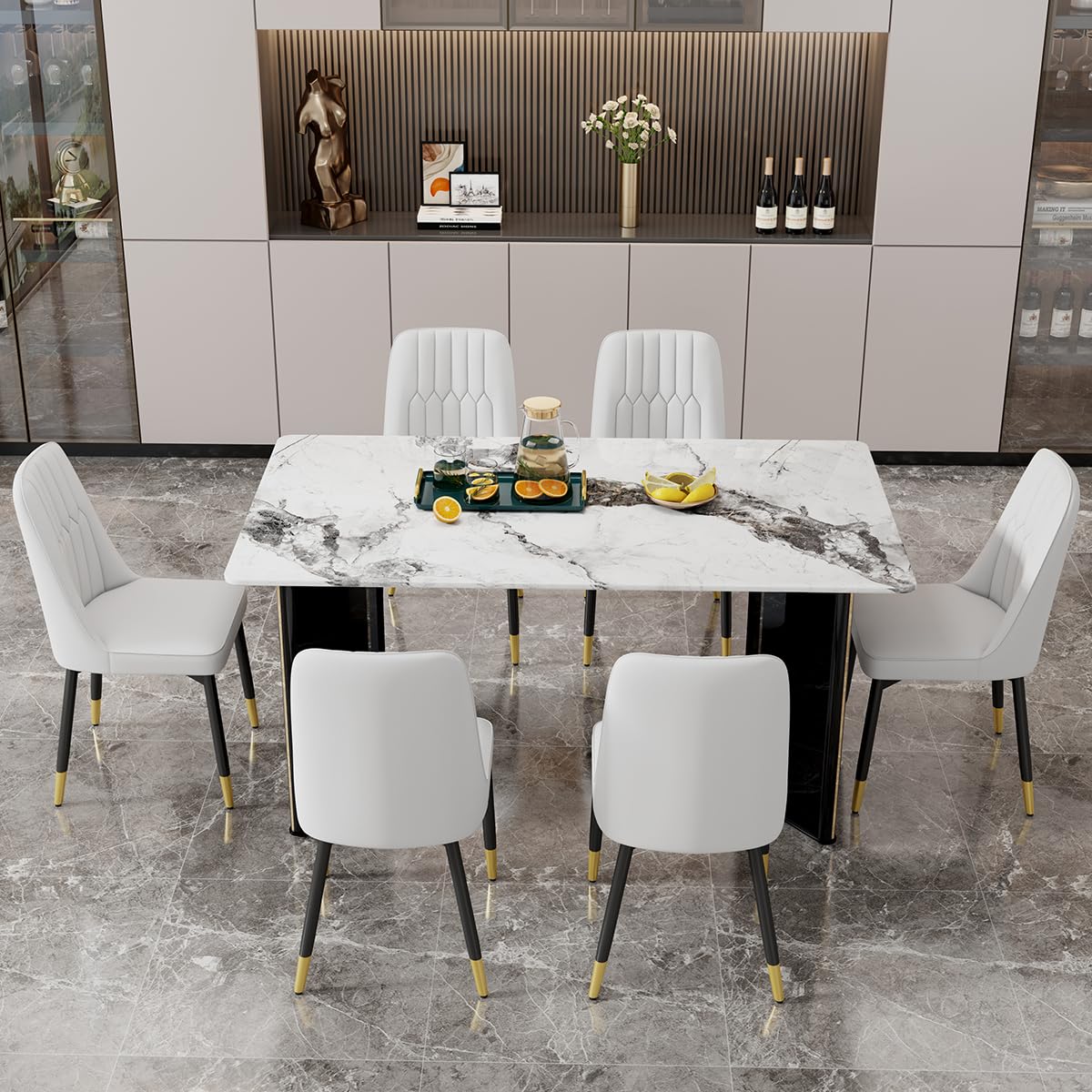 Dining Table Set for 6, White Faux Marble Pattern Table with 6 Modern Dining Chairs