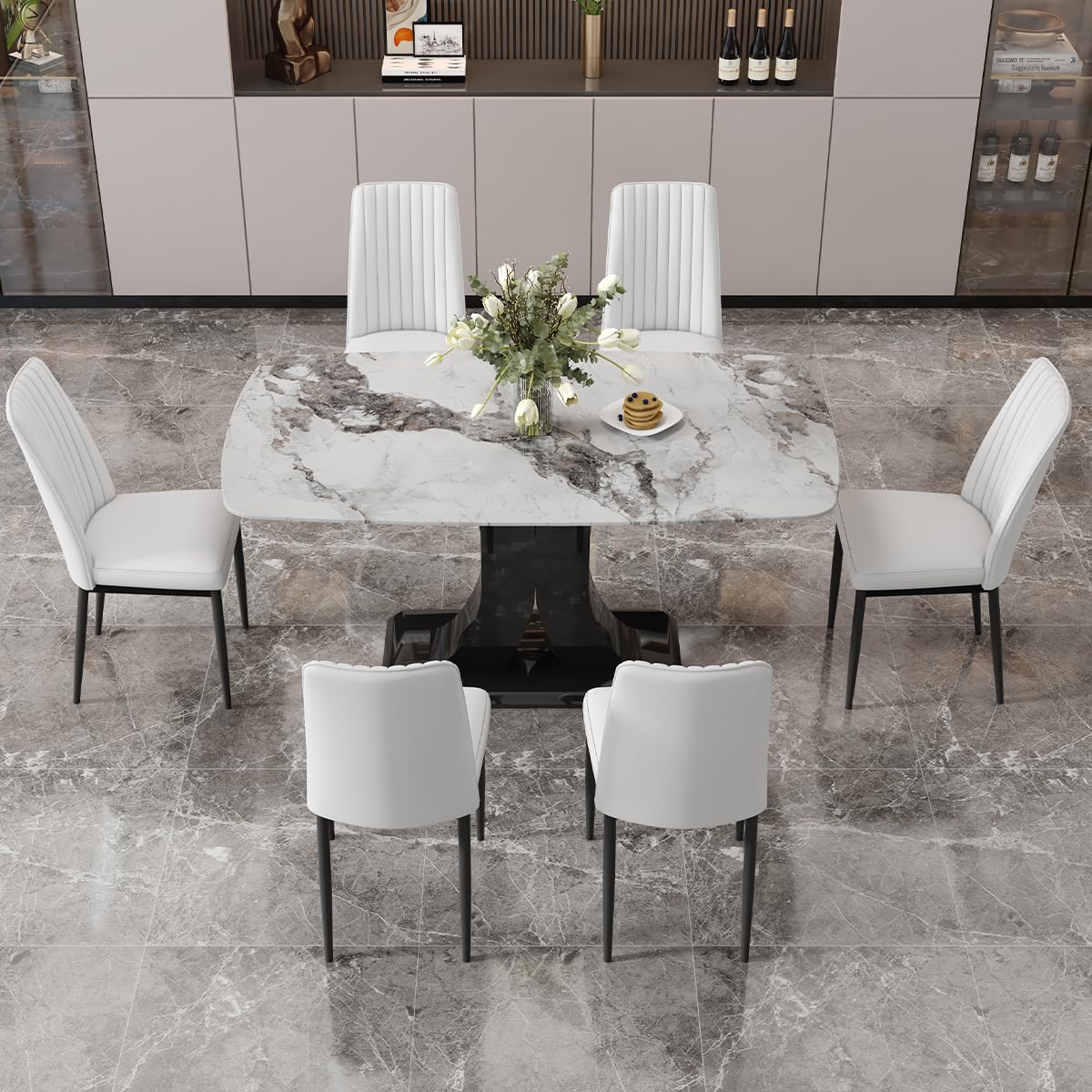 Dining Table Set for 6, White Faux Marble Pattern Table with 6 Modern Dining Chairs