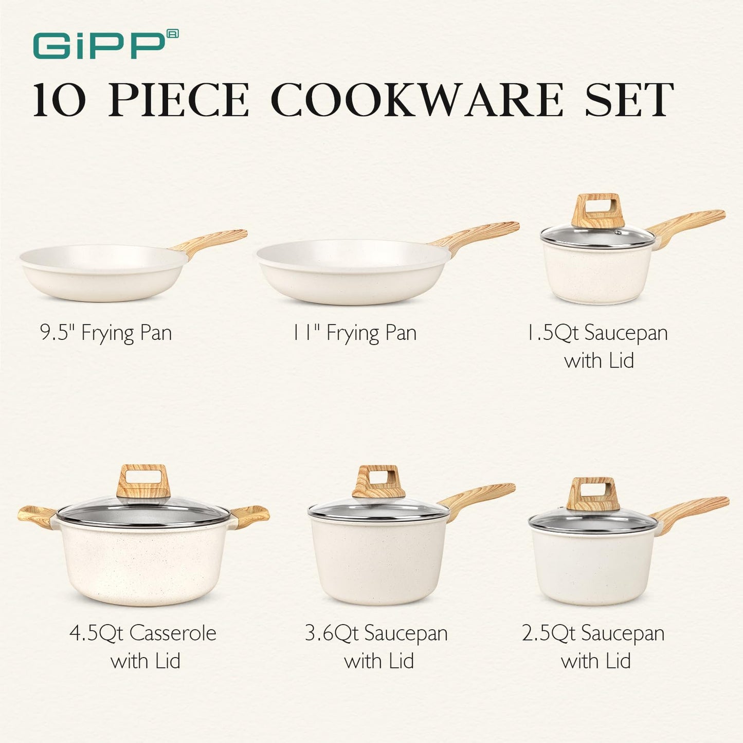 Pots and Pans Set Non Stick - 10 Pcs White Granite Kitchen Cookware Sets