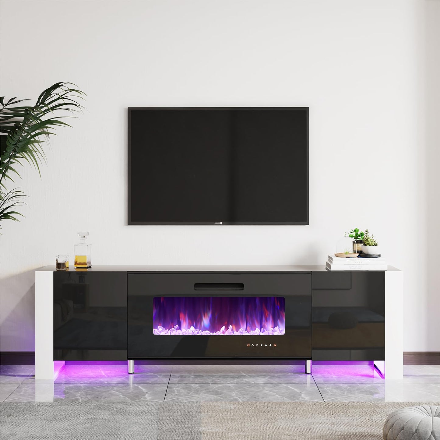 Fireplace TV Stand with 36" Fireplace, 70" Modern High Gloss Entertainment Center