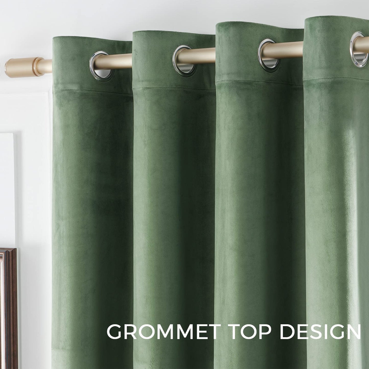 Green Velvet Blackout 90 Inch Curtains, Sage Green, 2 Panels