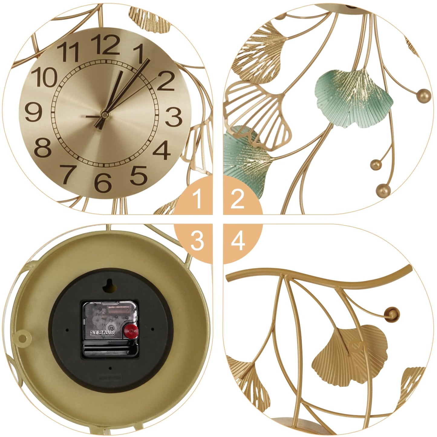 37 Inch Creative Metal Ginkgo Leaf Design Silent Non Ticking Gold Decoration Clocks