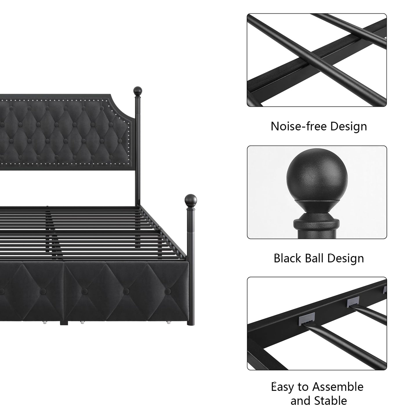 Upholstered Canopy Bed Frame with 2 Drawer and Button Tufted Headboard